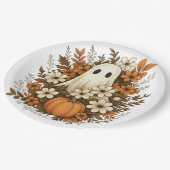 かわいい幽霊カボチャ&秋花 – ハロウィーン ペーパープレート (アングル)