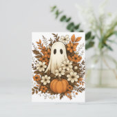 かわいい幽霊カボチャ&秋花 – ハロウィーン ポストカード (スタンド正面)