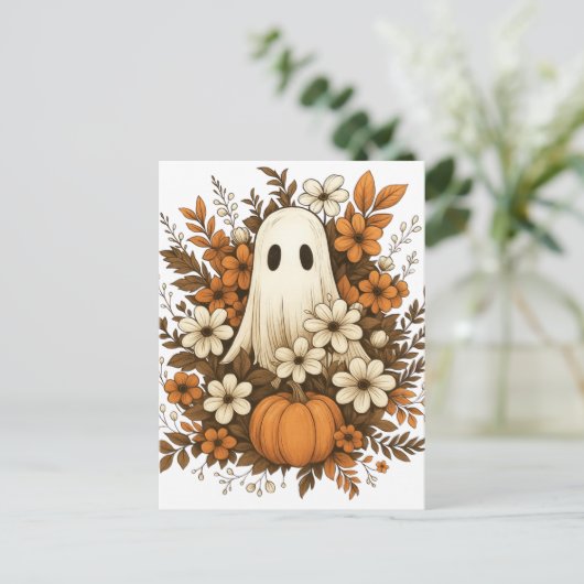 かわいい幽霊カボチャ&秋花 – ハロウィーン ポストカード (スタンド正面)