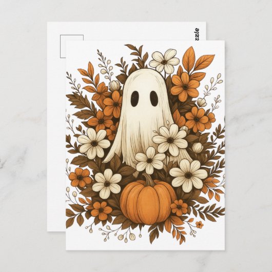 かわいい幽霊カボチャ&秋花 – ハロウィーン ポストカード (正面/裏面)