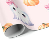 かわいい幽霊ガールカボチャ水彩ピンクハロウィーン ラッピングペーパー (ロールコーナー)