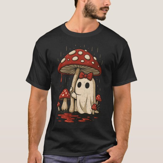かわいい幽霊キノコの下に血雨 Tシャツ (正面)