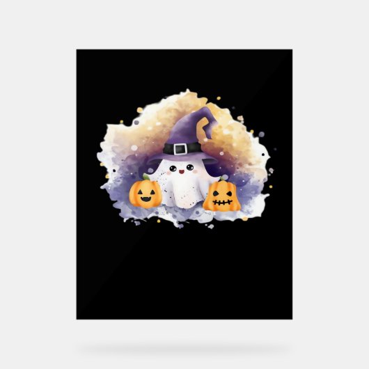 かわいい幽霊キャットとカボチャ – かわいいハロウィーンAr アクリルサイン (正面)