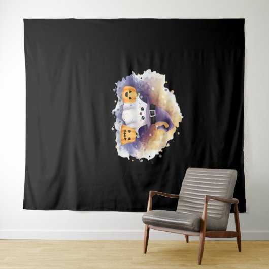 かわいい幽霊キャットとカボチャ – かわいいハロウィーンAr タペストリー (インサイチュ(横))