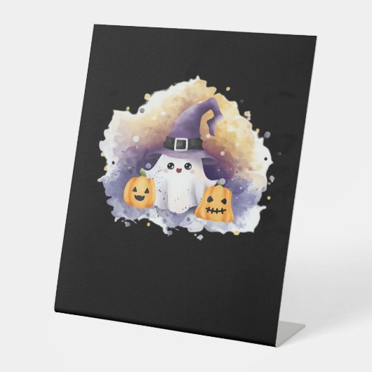かわいい幽霊キャットとカボチャ – かわいいハロウィーンAr 台座サイン (正面)