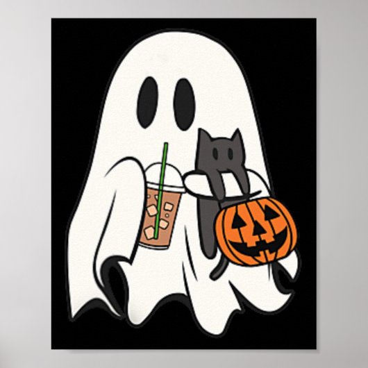 かわいい幽霊キャットアイスコーヒー不気味ズシーズンのハロウィーン ポスター (正面)