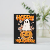 かわいい幽霊キャットカボチャ花ハッピーハローウィン シーズンポストカード (スタンド正面)