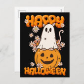 かわいい幽霊キャットカボチャ花ハッピーハローウィン シーズンポストカード (正面/裏面)