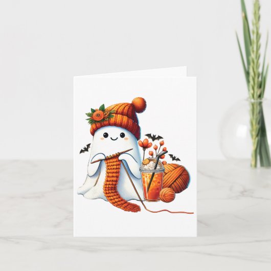 かわいい幽霊クロシェ編み物ラバーズハロウィンコーヒー カード (正面)