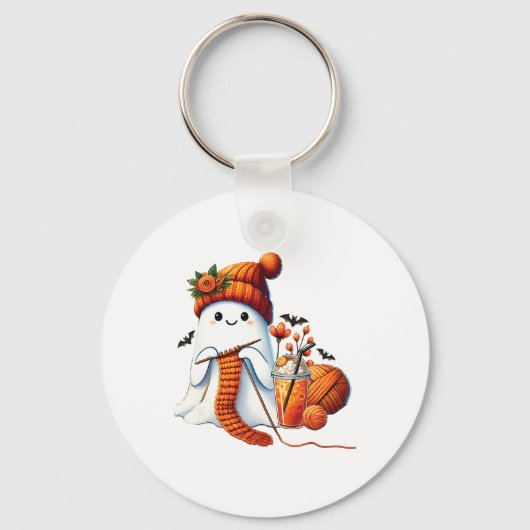 かわいい幽霊クロシェ編み物ラバーズハロウィンコーヒー キーホルダー (正面)