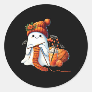 かわいい幽霊クロシェ編み物ラバーズハロウィンコーヒー ラウンドシール