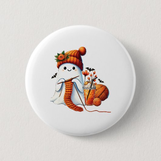 かわいい幽霊クロシェ編み物ラバーズハロウィンコーヒー 缶バッジ (正面)