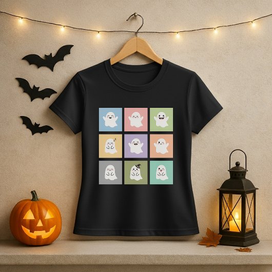 かわいい幽霊グリッドハロウィンシャツ;おもしろい幽霊ムード Tシャツ