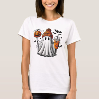 かわいい幽霊コーヒーカボチャおかしなハロウィーン Tシャツ