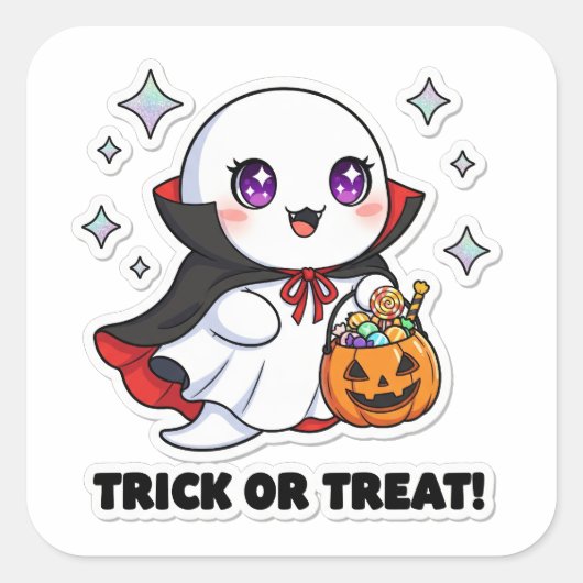 かわいい幽霊シール – かわいいハロウィーン幽霊 スクエアシール (正面)