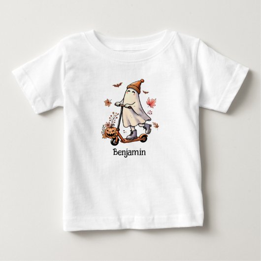 かわいい幽霊スクーターに乗るパーソナライズされた- ベビーTシャツ (正面)