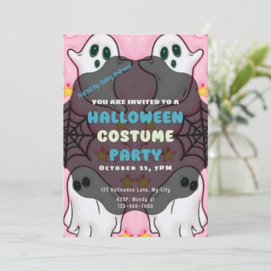かわいい幽霊スパイダーウェブスターピンクのハロウィーン 招待状 (スタンド正面)