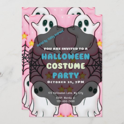 かわいい幽霊スパイダーウェブスターピンクのハロウィーン 招待状 (正面/裏面)