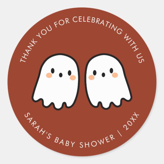 かわいい幽霊ダブルトラブルツインズベビーシャワーのお願い ラウンドシール (正面)