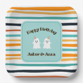 かわいい幽霊ツインズハロウィンストライプハッピーバースデー ペーパープレート (正面)