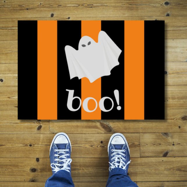 かわいい幽霊ハロウィンオレンジとブラックストライプの扉 ドアマット (Add Halloween cheer to your home with this cute, funny ghost doormat!)