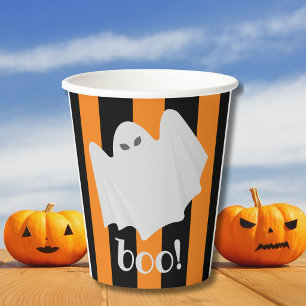 かわいい幽霊ハロウィンオレンジとブラックストライプ 紙コップ