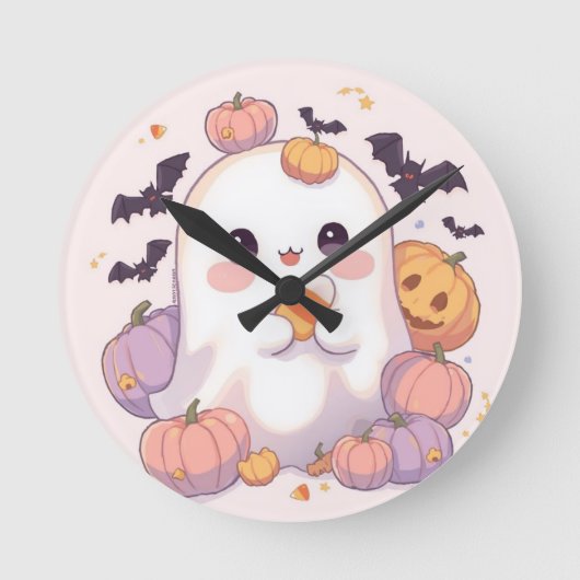 かわいい幽霊ハロウィーンの壁時計 – 不気味デコール ラウンド壁時計 (正面)