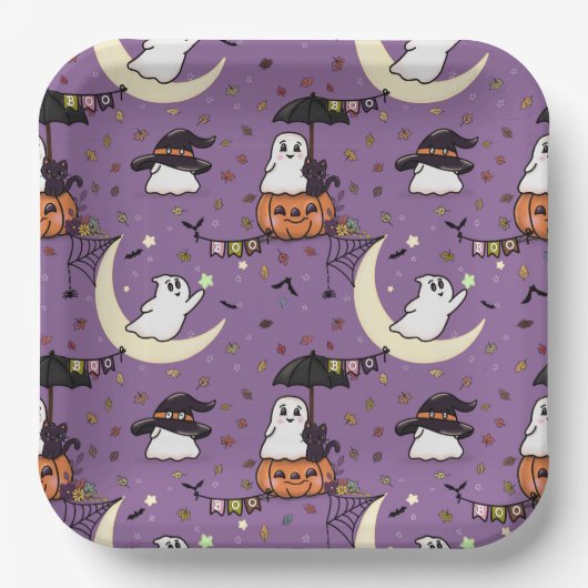 かわいい幽霊ハロウィーンパターン ペーパープレート (正面)