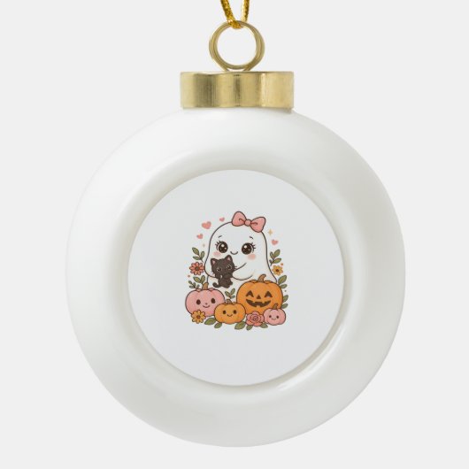 かわいい幽霊ハロウィーンブラックキャットカボチャ秋スポオ セラミックボールオーナメント (正面)