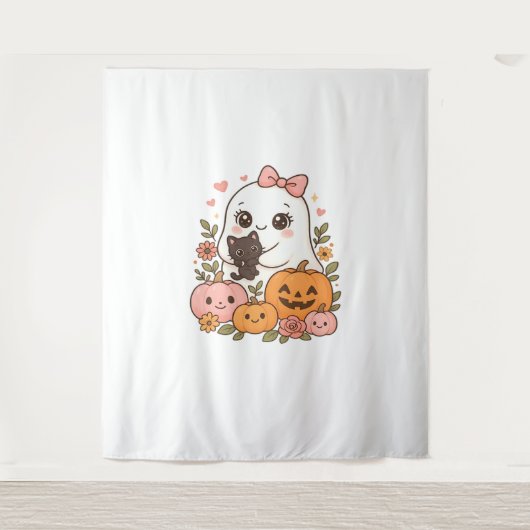 かわいい幽霊ハロウィーンブラックキャットカボチャ秋スポオ タペストリー (正面)