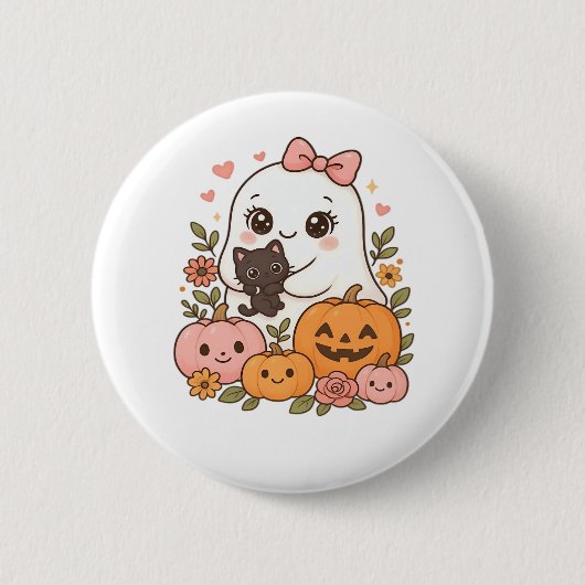 かわいい幽霊ハロウィーンブラックキャットカボチャ秋スポオ 缶バッジ (正面)