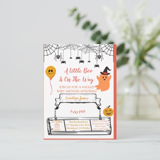 かわいい幽霊ハロウィーンベビーシャワーオレンジリトルブー 案内ポストカード (スタンド正面)
