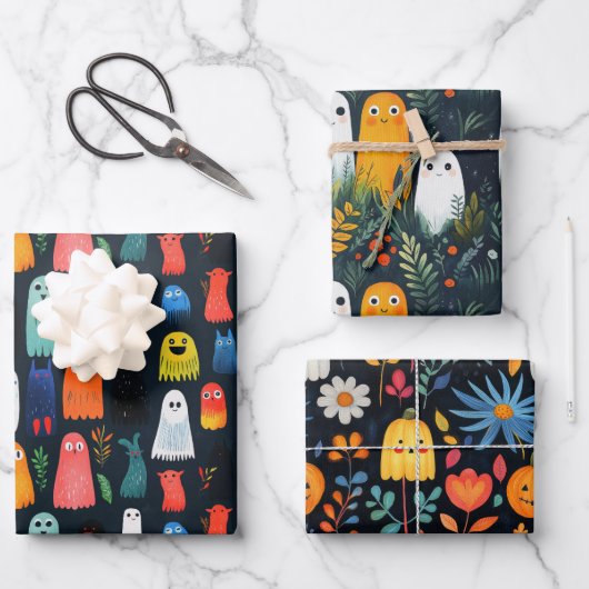 かわいい幽霊パターンウォーターカラーフローラハロウィーン ラッピングペーパーシート (正面)