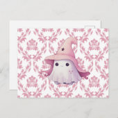 かわいい幽霊ピンクウィッチズハットピンク&ホワイトハロウィーン シーズンポストカード (正面/裏面)