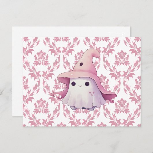 かわいい幽霊ピンクウィッチズハットピンク&ホワイトハロウィーン シーズンポストカード (正面/裏面)