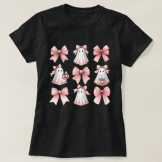 かわいい幽霊ピンクコケットボウパターンハロウィーン Tシャツ