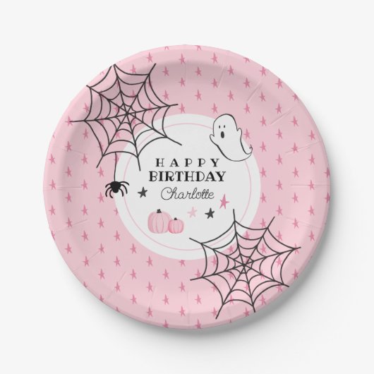 かわいい幽霊ピンクハロウィーンハッピーバースデー名物ケーキ ペーパープレート (正面)