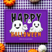 かわいい幽霊ファミリーレトロパープルハッピーハローウィン シーズンポストカード