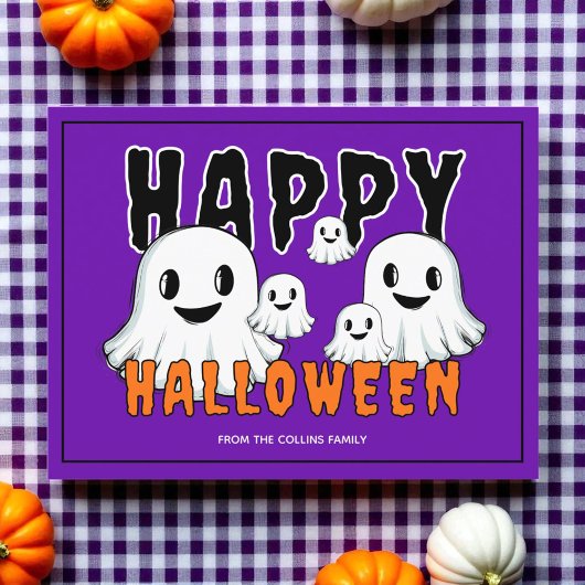 かわいい幽霊ファミリーレトロパープルハッピーハローウィン シーズンポストカード