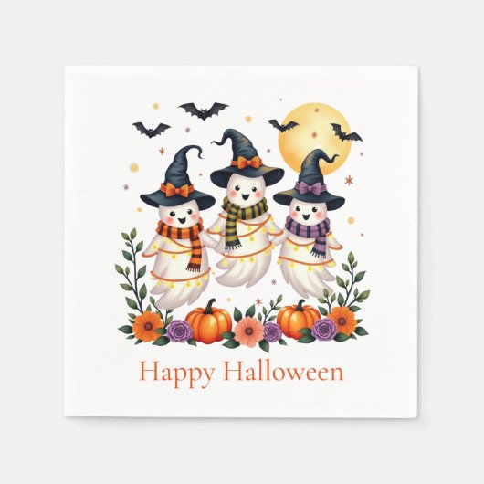 かわいい幽霊フラワーカボンプキンスこうもりハロウィーン スタンダードカクテルナプキン (正面)