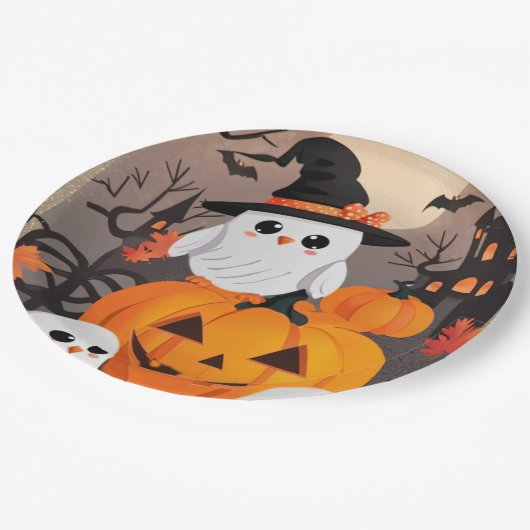 かわいい幽霊フール&パンプキンスハロウィ不気味ーン ペーパープレート (アングル)