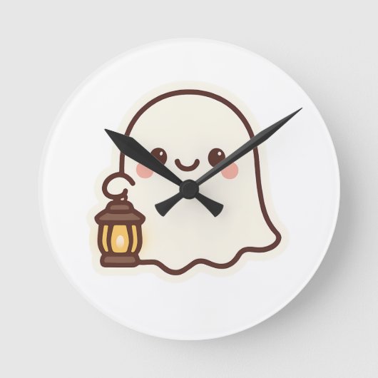 かわいい幽霊ランタン付き – かわいいスピリットデザイン ラウンド壁時計 (正面)