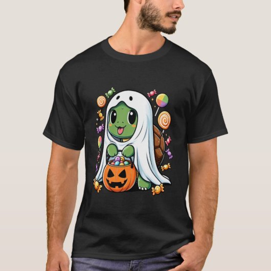 かわいい幽霊亀とお菓子の面白いハロウィン Tシャツ (正面)