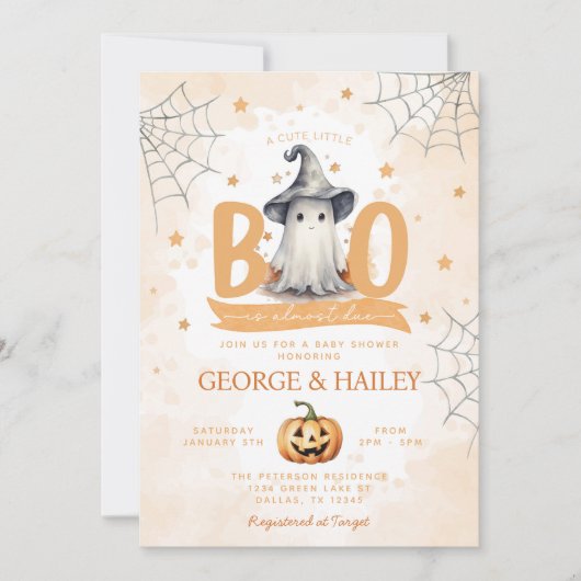 かわいい幽霊小さなブーはほとんどデューベイビーシャワー 招待状 (正面)