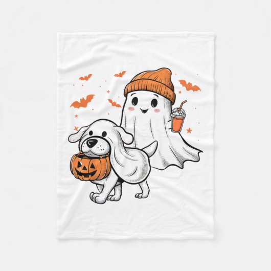 かわいい幽霊歩くドッグコケットボウハロウィンドッグ フリースブランケット (正面)