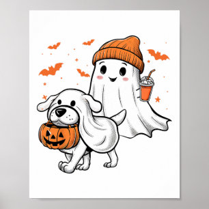 かわいい幽霊歩くドッグコケットボウハロウィンドッグ ポスター