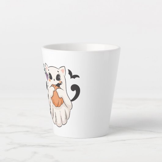 かわいい幽霊猫かぼちゃつき | 不気味ハロウィーンマグ カフェラテマグ (正面)
