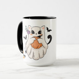 かわいい幽霊猫かぼちゃつき | 不気味ハロウィーンマグ マグカップ