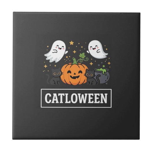 かわいい幽霊猫のハロウィンデザイン Catloween_1 タイル (正面)