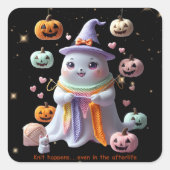 *かわいい幽霊編み物シール – かわいいハロウィーンGi スクエアシール (正面)